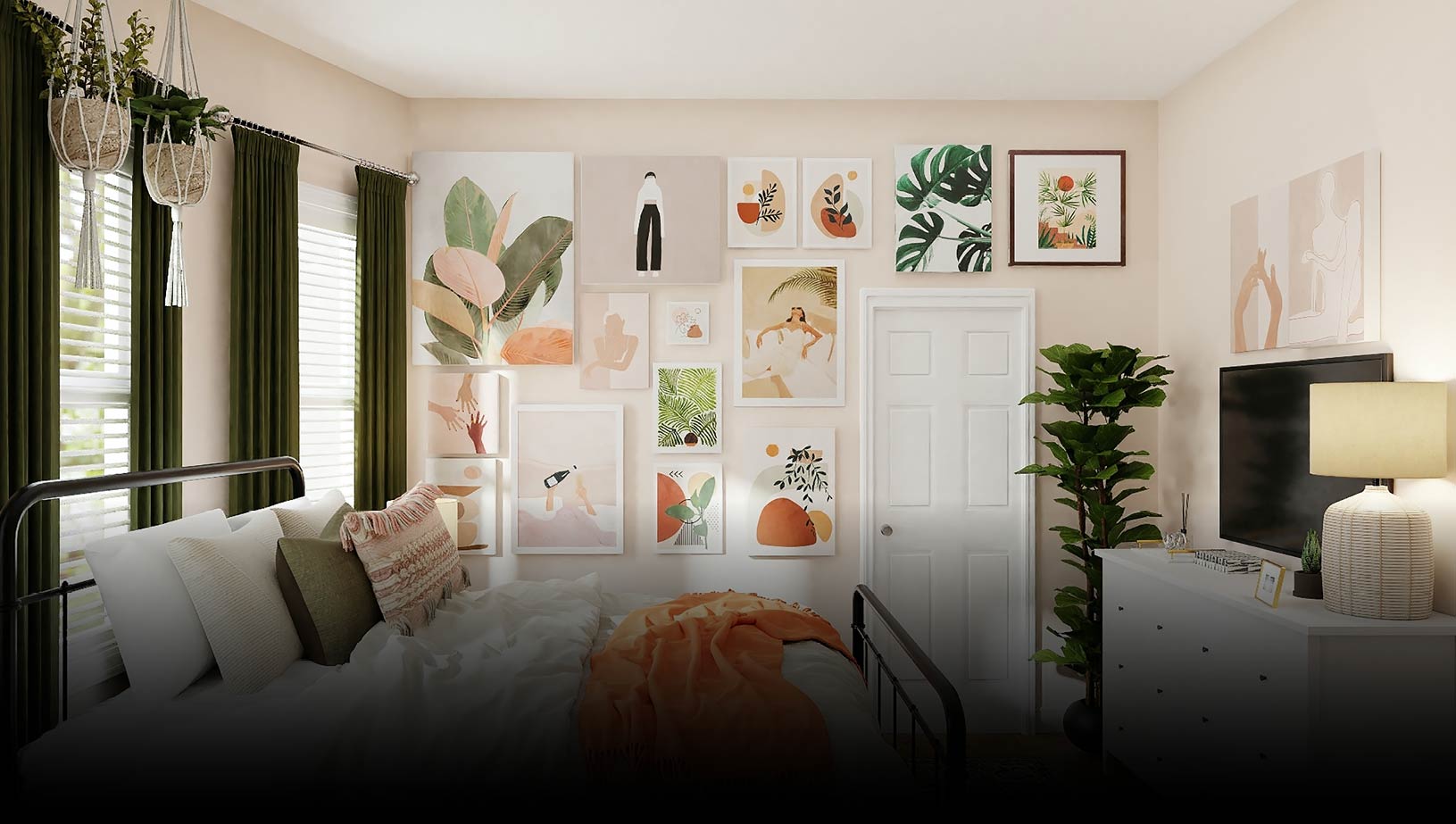 Decorated dorm room with various paintings on the wall
